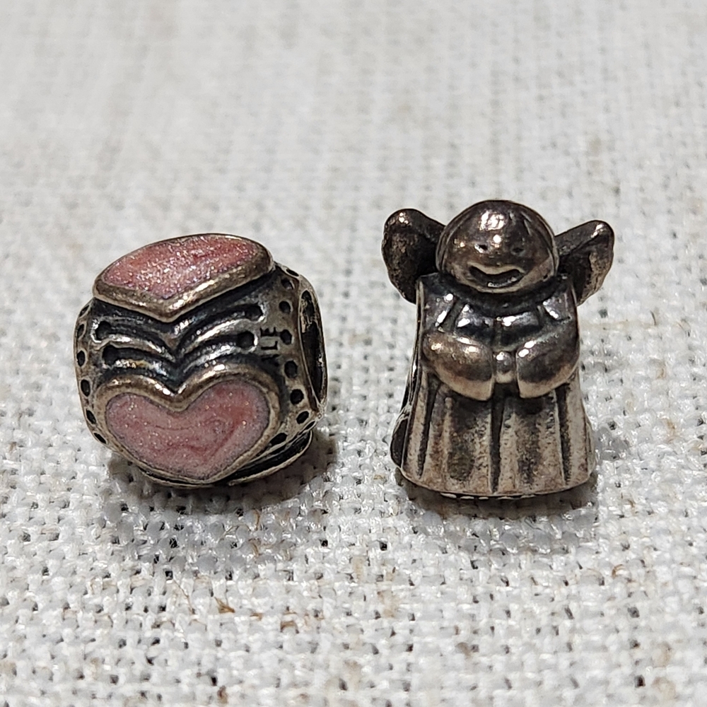 Two Pandora sterling silver charms - angel and rose hearts